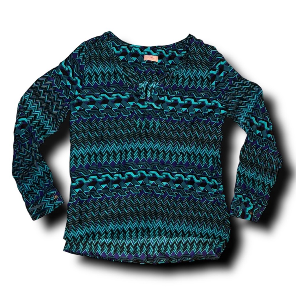 Geometric Blue and Green Blouse with Relaxed Fit